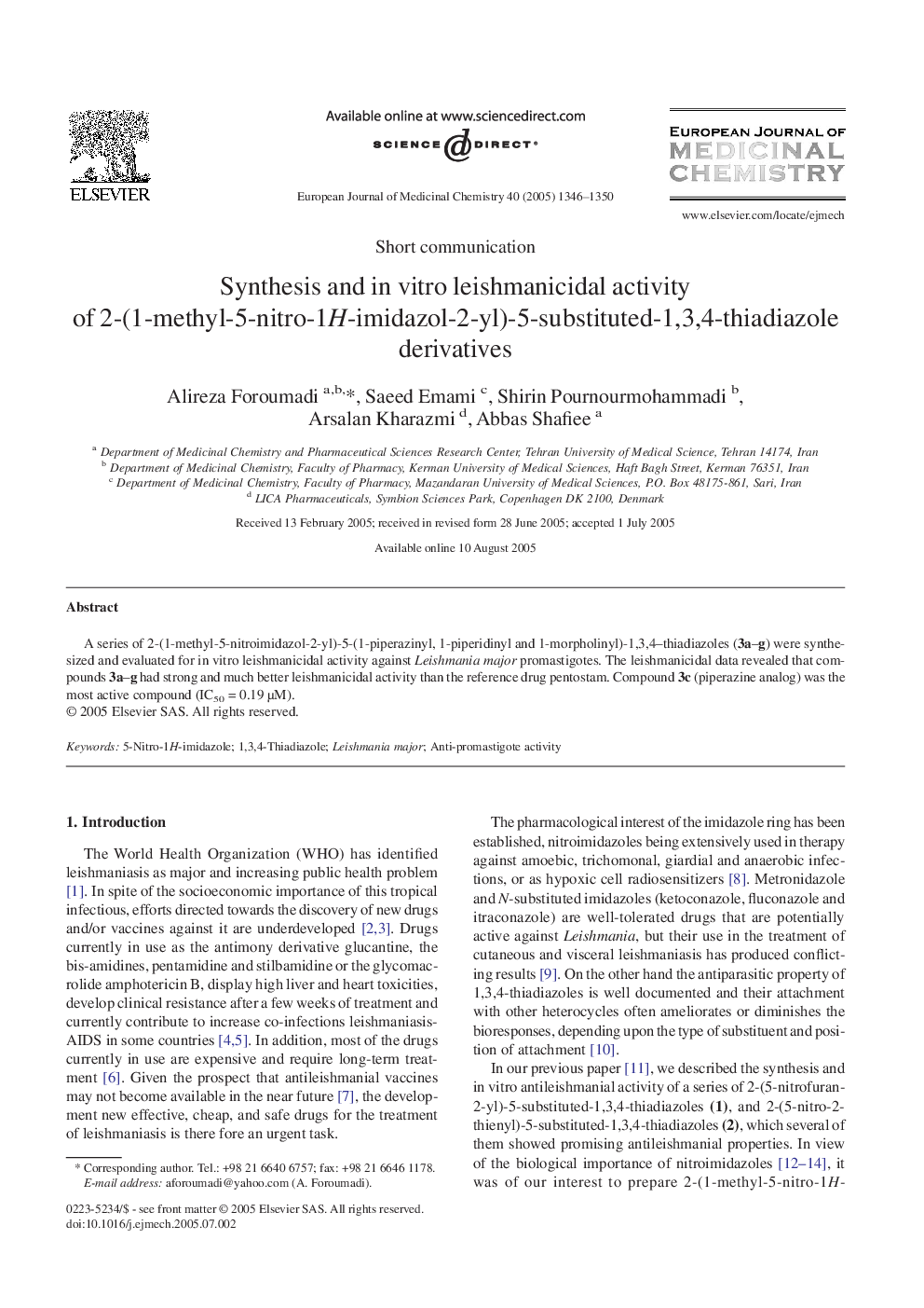 Synthesis and in vitro leishmanicidal activity of 2-(1-methyl-5-nitro-1H-imidazol-2-yl)-5-substituted-1,3,4-thiadiazole derivatives