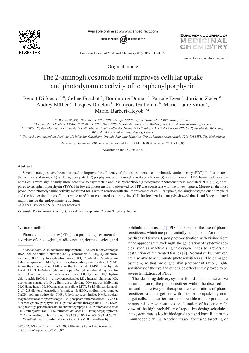 The 2-aminoglucosamide motif improves cellular uptake and photodynamic activity of tetraphenylporphyrin