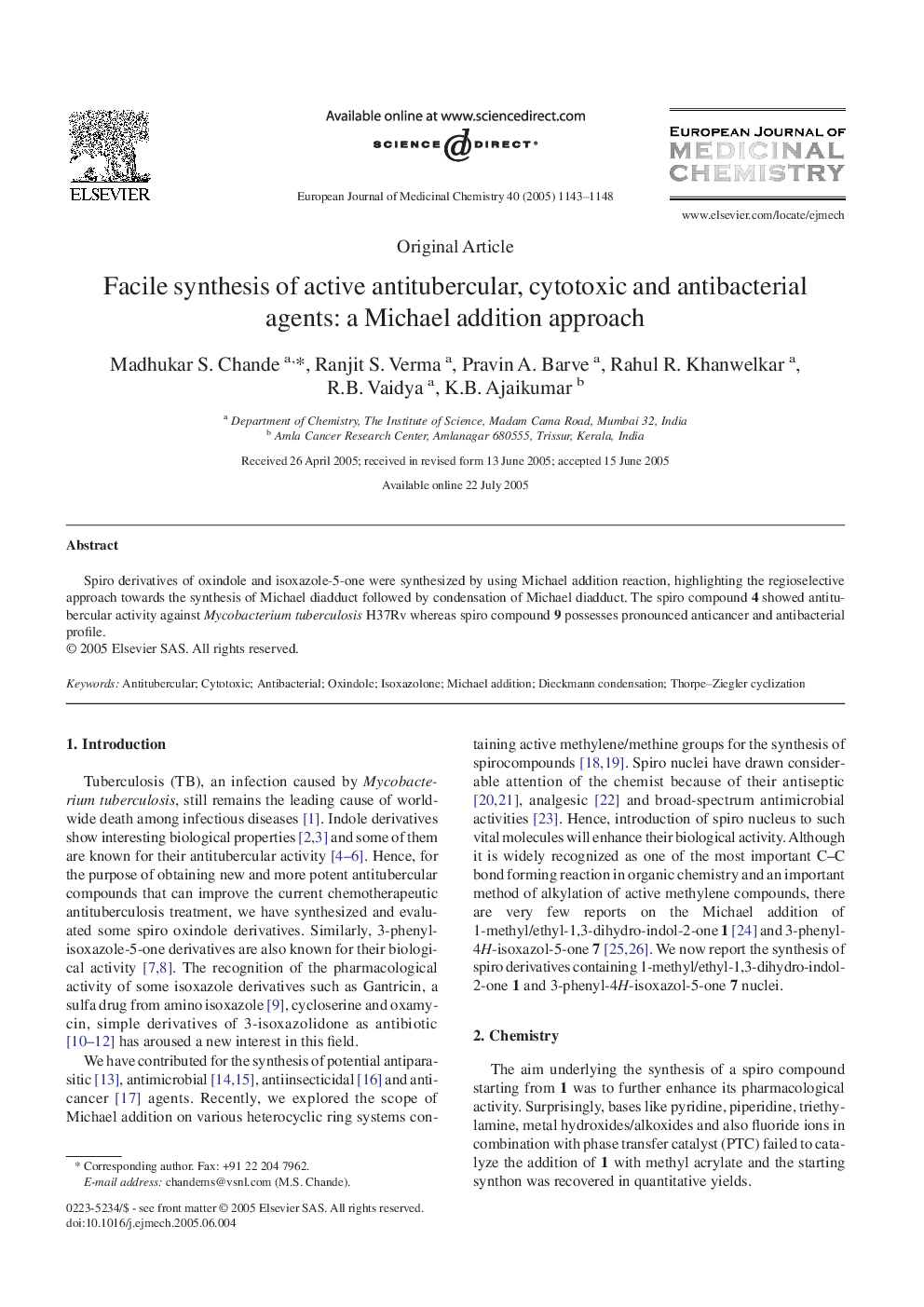 Facile synthesis of active antitubercular, cytotoxic and antibacterial agents: a Michael addition approach