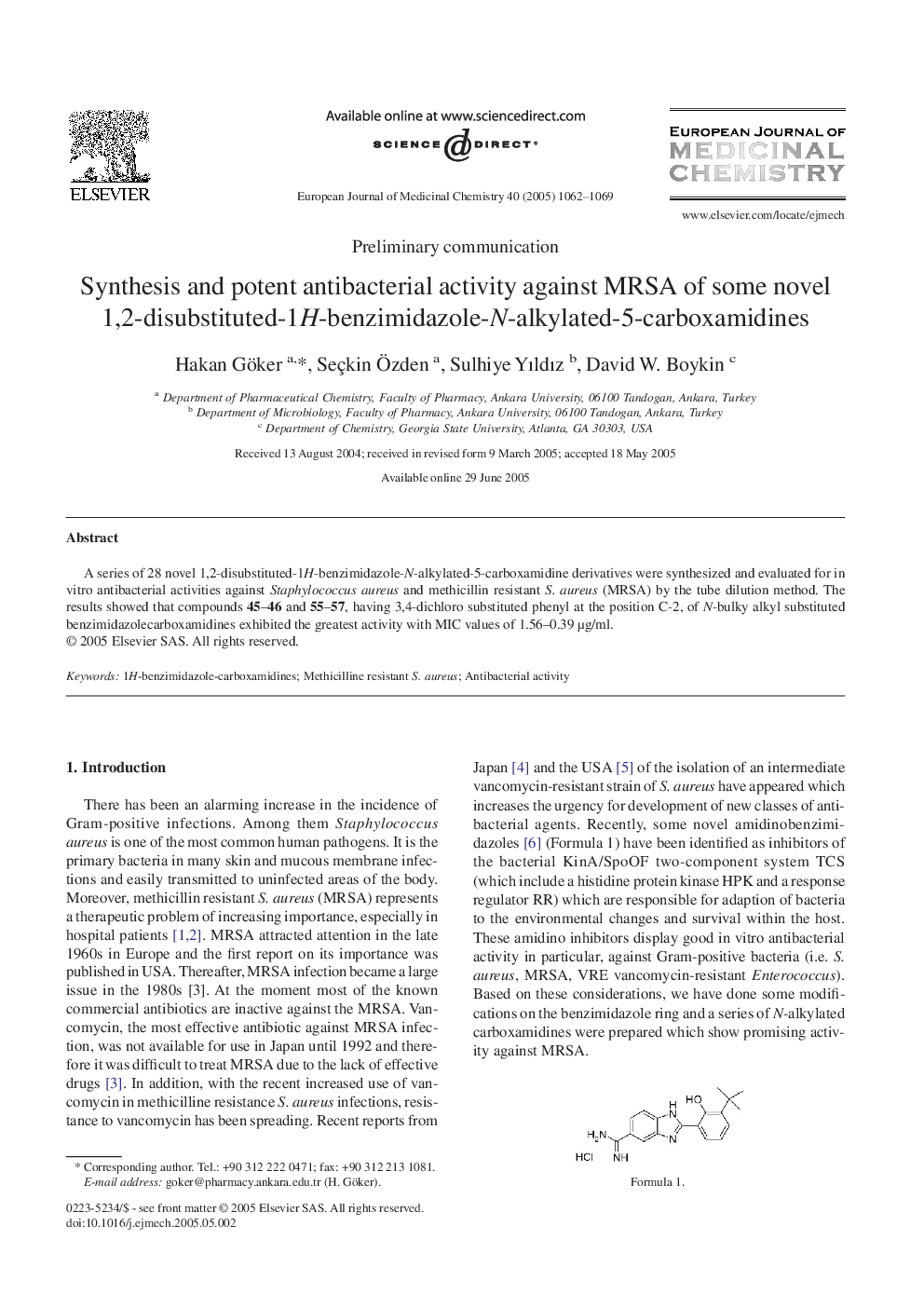 Synthesis and potent antibacterial activity against MRSA of some novel 1,2-disubstituted-1H-benzimidazole-N-alkylated-5-carboxamidines