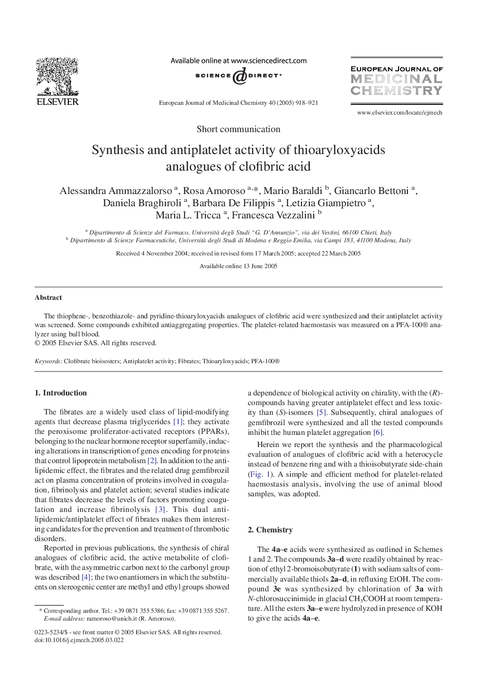 Synthesis and antiplatelet activity of thioaryloxyacids analogues of clofibric acid