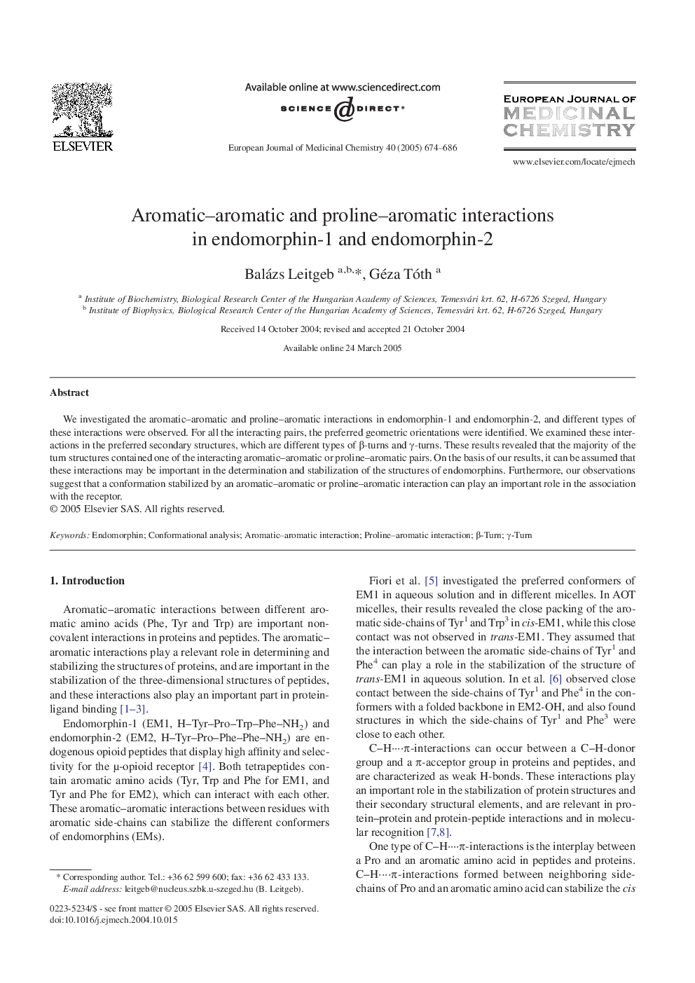 Aromatic-aromatic and proline-aromatic interactions in endomorphin-1 and endomorphin-2