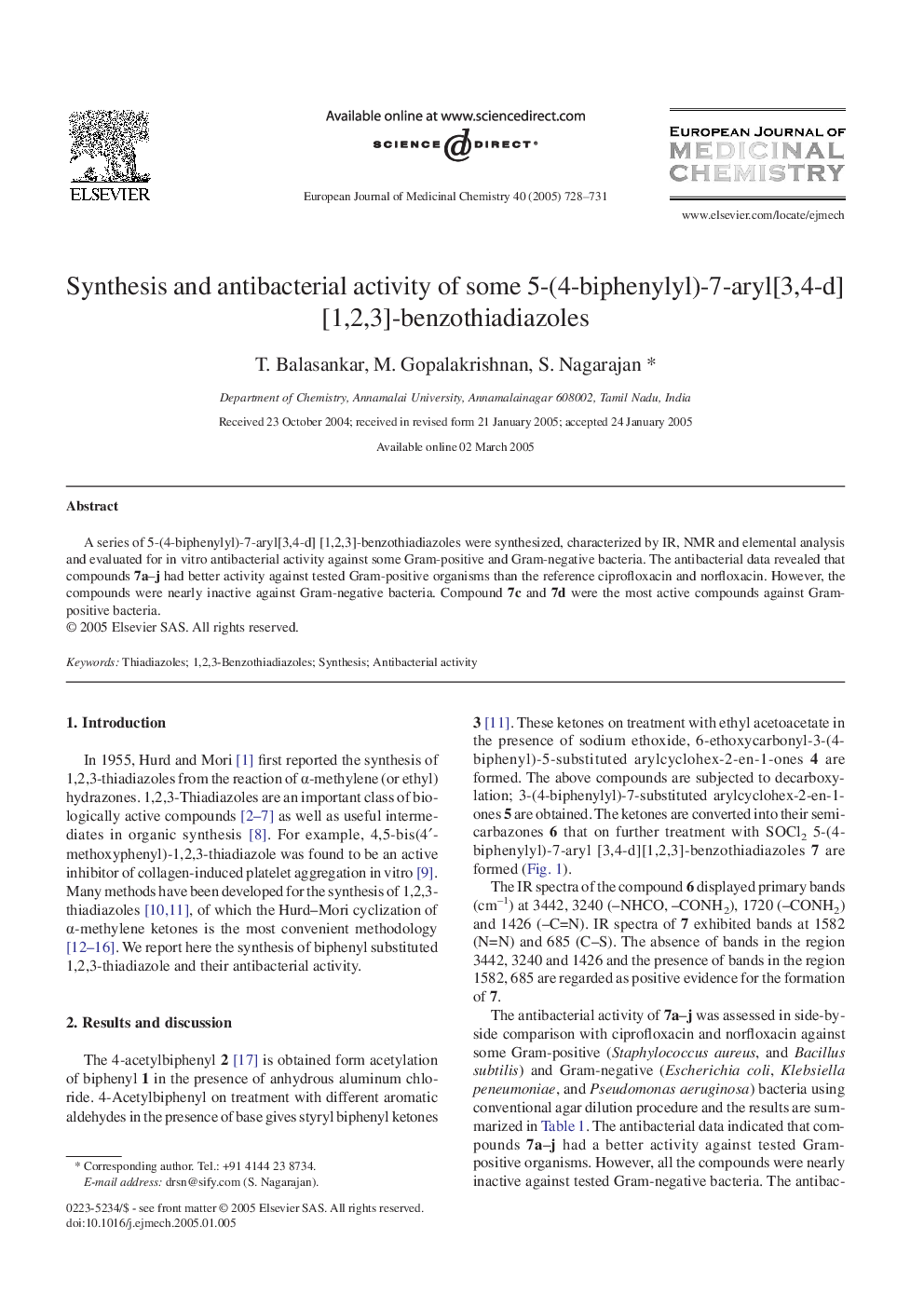 Synthesis and antibacterial activity of some 5-(4-biphenylyl)-7-aryl[3,4-d] [1,2,3]-benzothiadiazoles