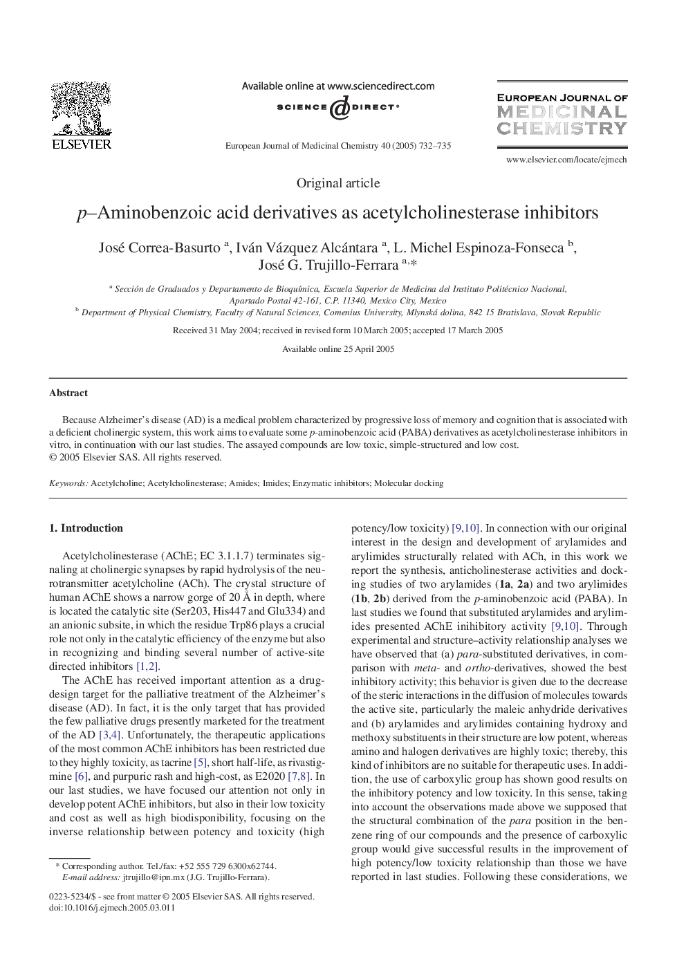 p-Aminobenzoic acid derivatives as acetylcholinesterase inhibitors