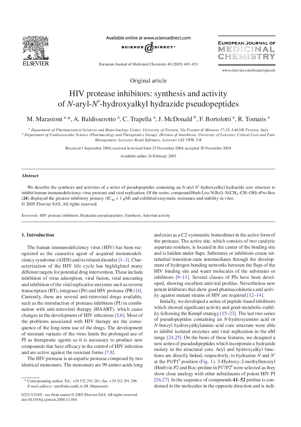 HIV protease inhibitors: synthesis and activity of N-aryl-Nâ²-hydroxyalkyl hydrazide pseudopeptides