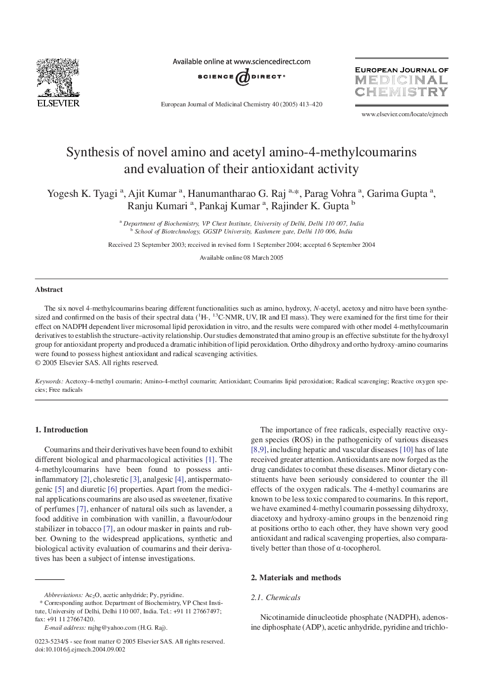 Synthesis of novel amino and acetyl amino-4-methylcoumarins and evaluation of their antioxidant activity