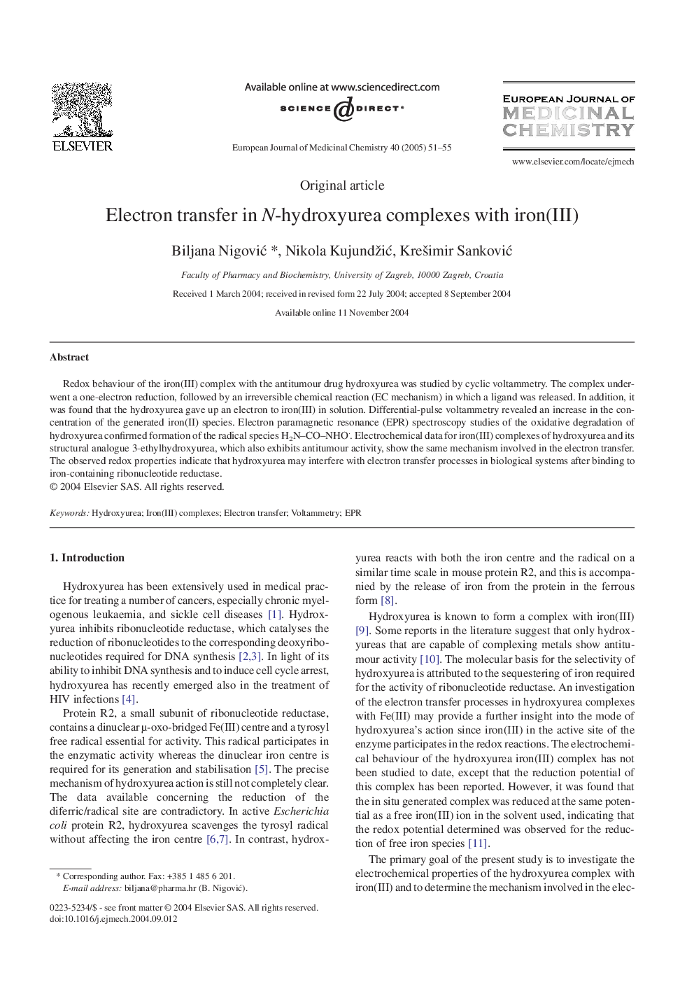 Electron transfer in N-hydroxyurea complexes with iron(III)