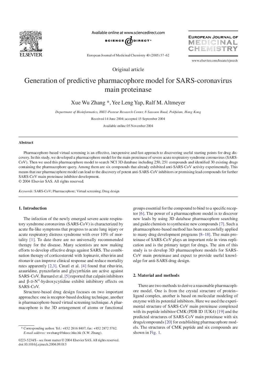 Generation of predictive pharmacophore model for SARS-coronavirus main proteinase