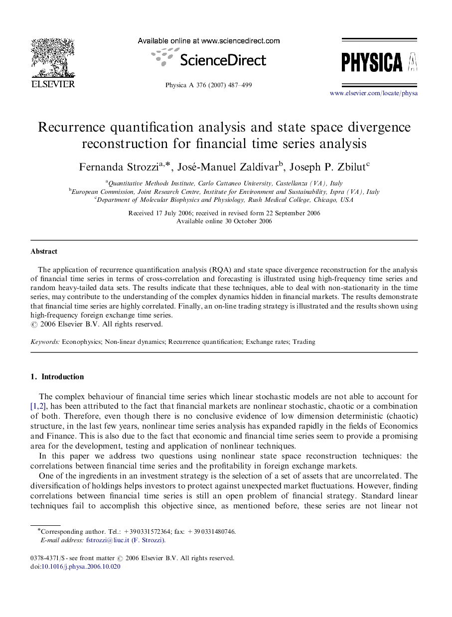 Recurrence quantification analysis and state space divergence reconstruction for financial time series analysis