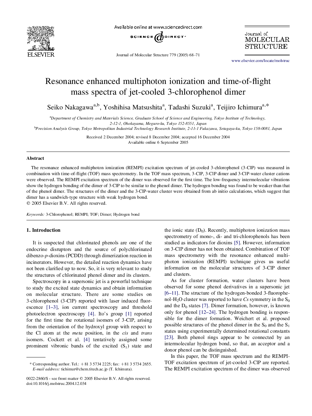 Resonance enhanced multiphoton ionization and time-of-flight mass spectra of jet-cooled 3-chlorophenol dimer