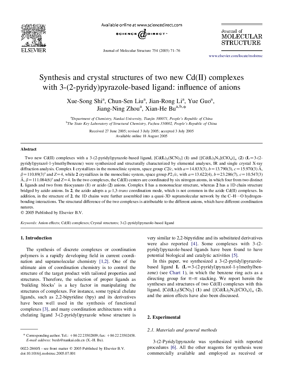 Synthesis and crystal structures of two new Cd(II) complexes with 3-(2-pyridy)pyrazole-based ligand: influence of anions