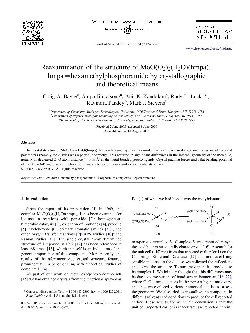 Reexamination of the structure of MoO(O2)2(H2O)(hmpa), hmpa=hexamethylphosphoramide by crystallographic and theoretical means