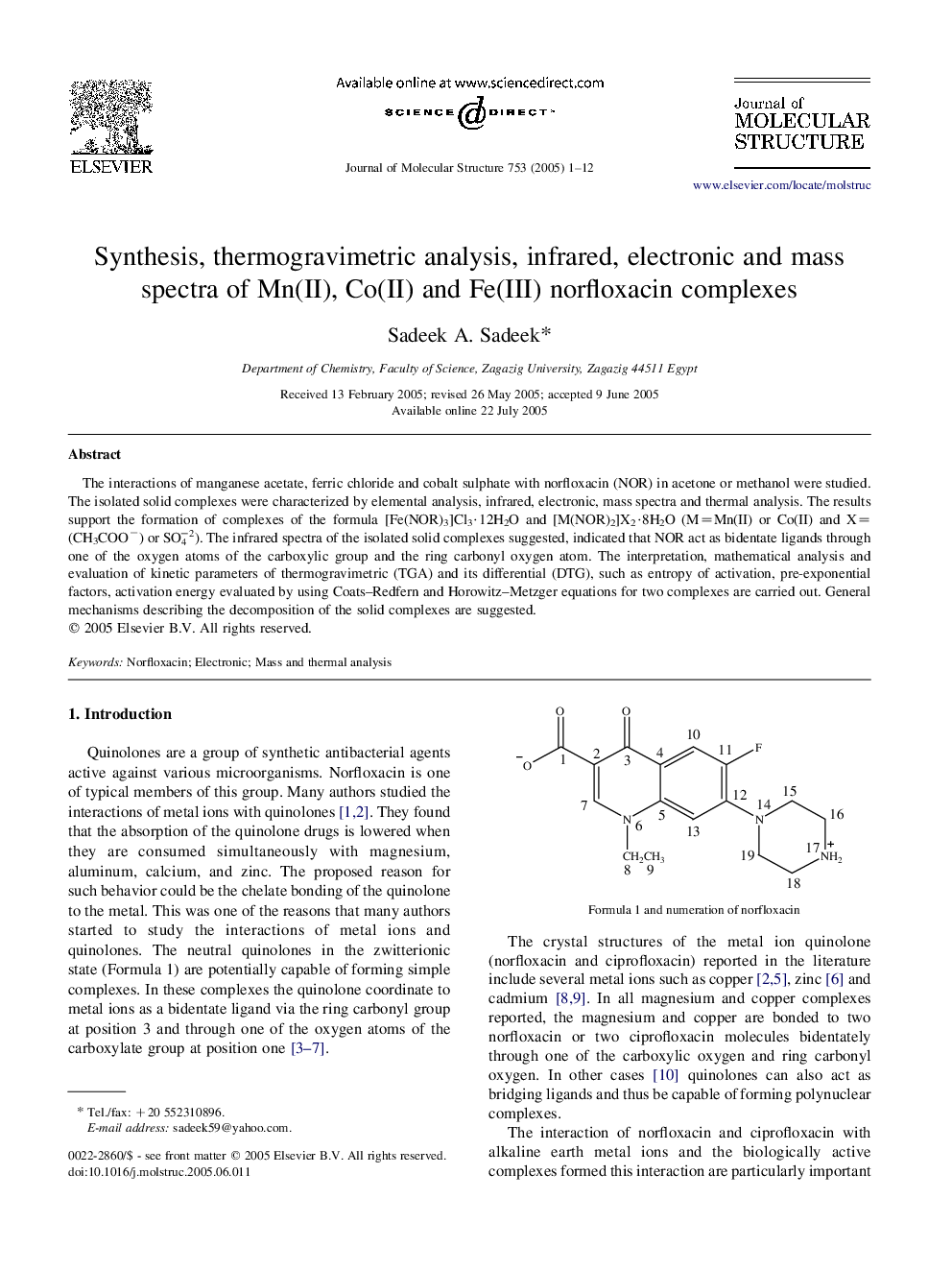 Synthesis, thermogravimetric analysis, infrared, electronic and mass spectra of Mn(II), Co(II) and Fe(III) norfloxacin complexes