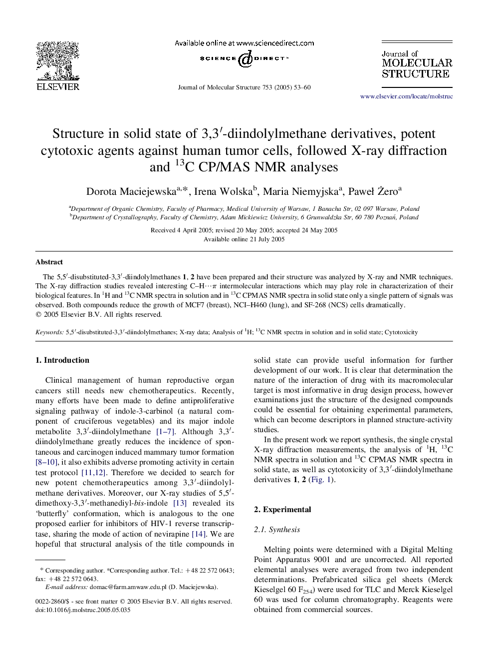 Structure in solid state of 3,3â²-diindolylmethane derivatives, potent cytotoxic agents against human tumor cells, followed X-ray diffraction and 13C CP/MAS NMR analyses