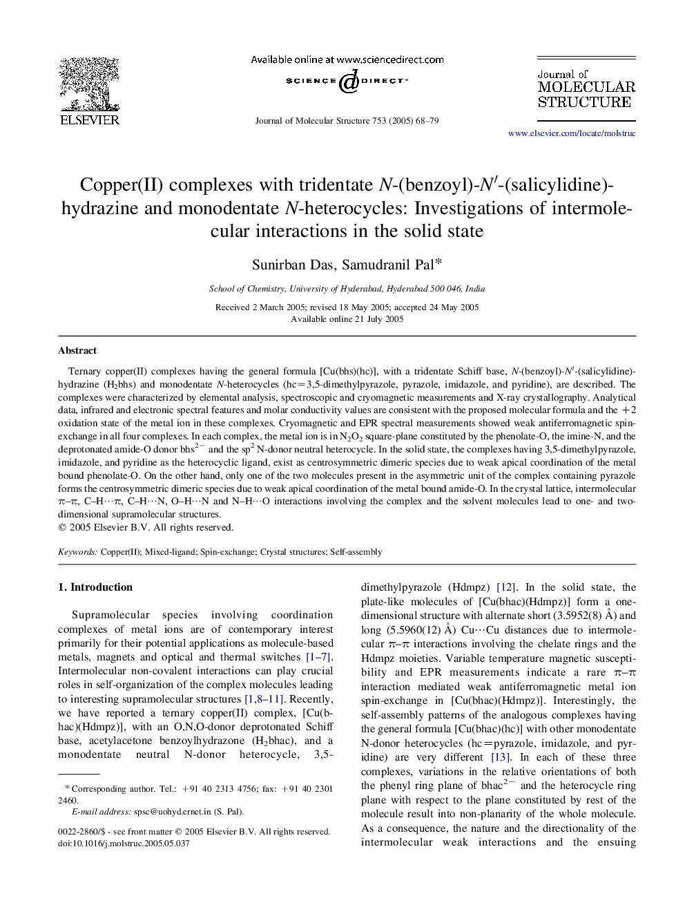 Copper(II) complexes with tridentate N-(benzoyl)-Nâ²-(salicylidine)-hydrazine and monodentate N-heterocycles: Investigations of intermolecular interactions in the solid state