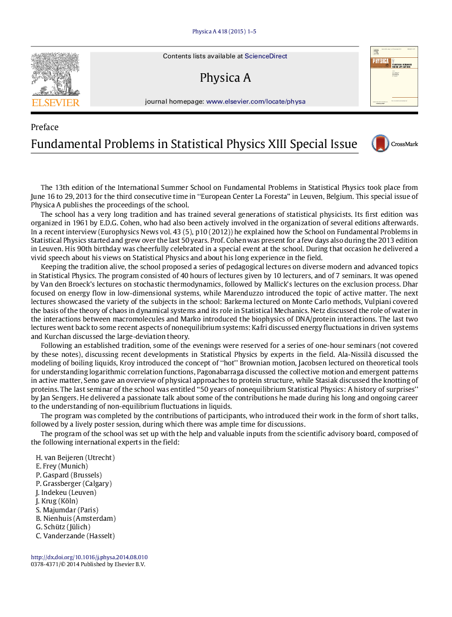 Fundamental Problems in Statistical Physics XIII Special Issue