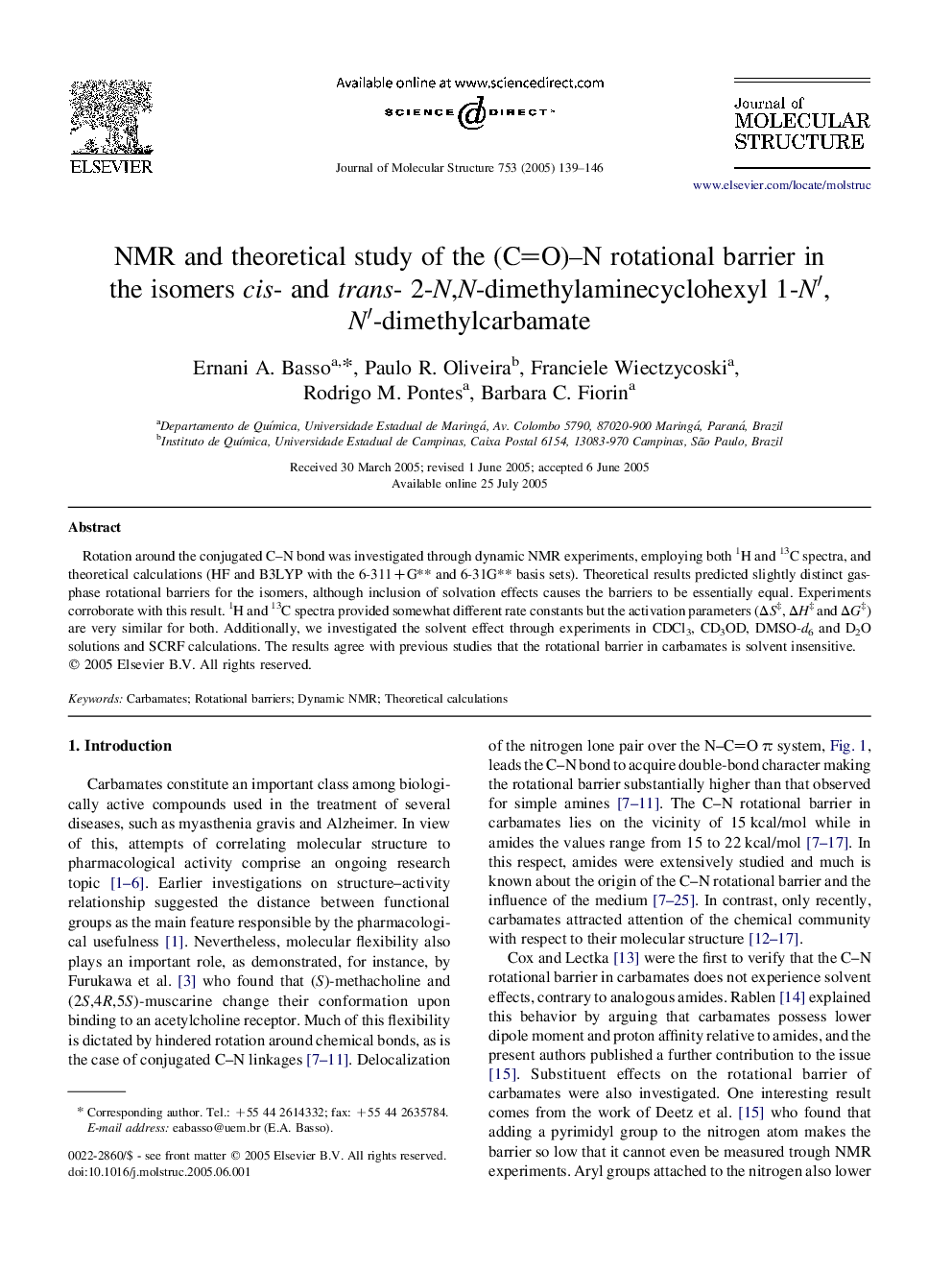 NMR and theoretical study of the (CO)-N rotational barrier in the isomers cis- and trans- 2-N,N-dimethylaminecyclohexyl 1-Nâ²,Nâ²-dimethylcarbamate