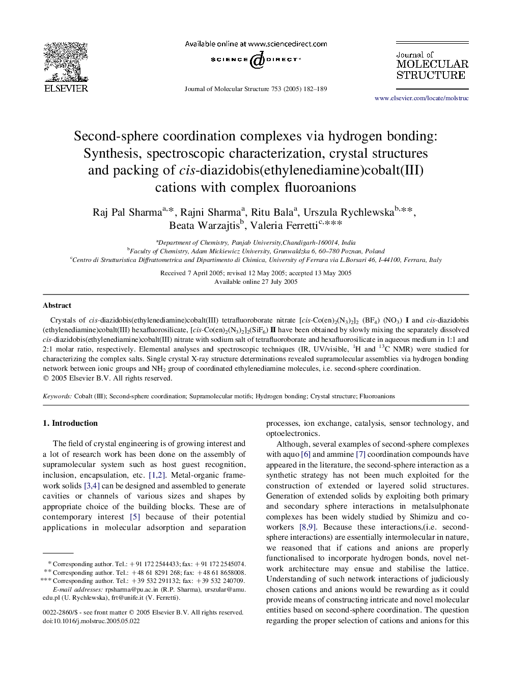 Second-sphere coordination complexes via hydrogen bonding: Synthesis, spectroscopic characterization, crystal structures and packing of cis-diazidobis(ethylenediamine)cobalt(III) cations with complex fluoroanions