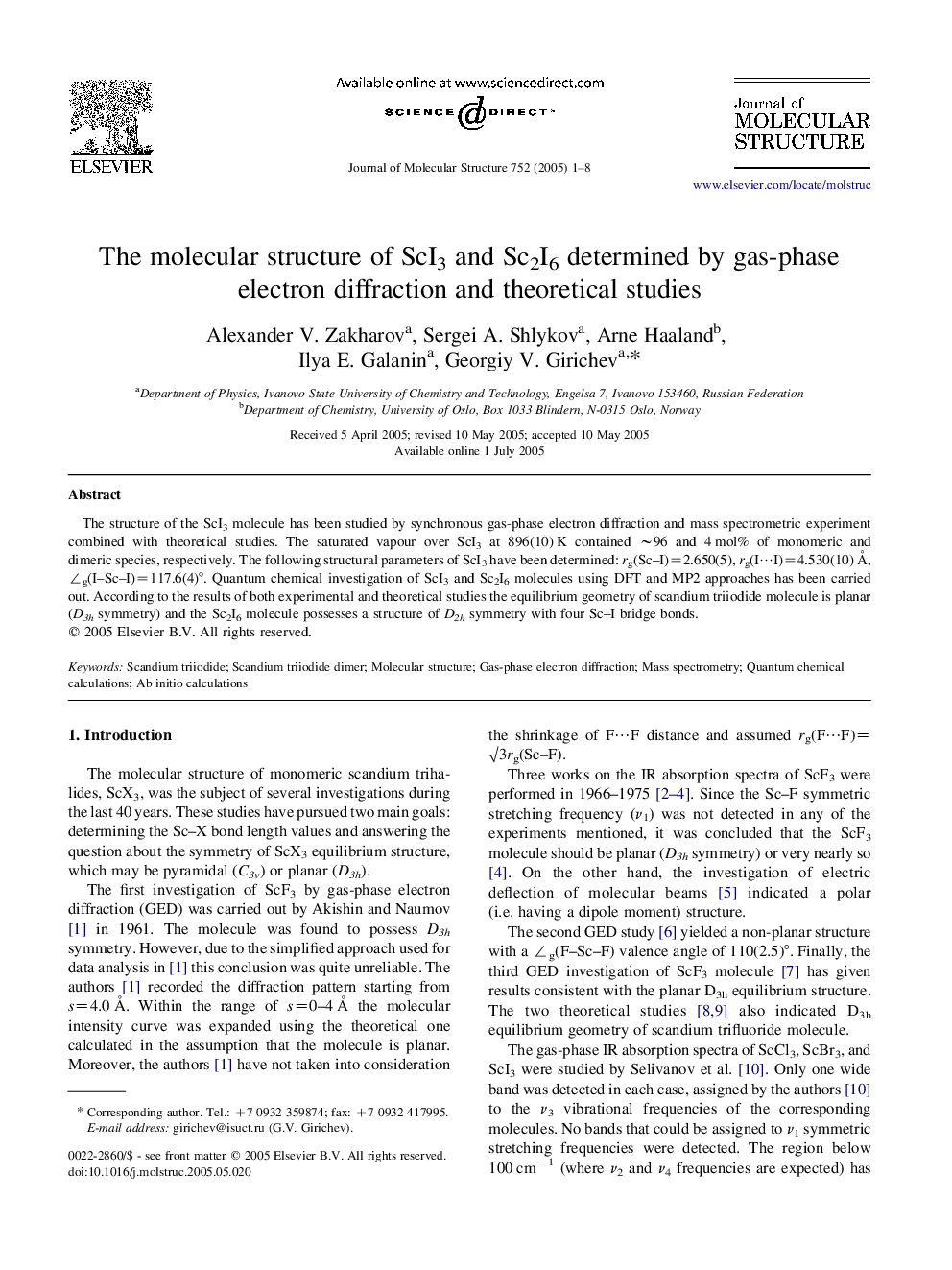 The molecular structure of ScI3 and Sc2I6 determined by gas-phase electron diffraction and theoretical studies