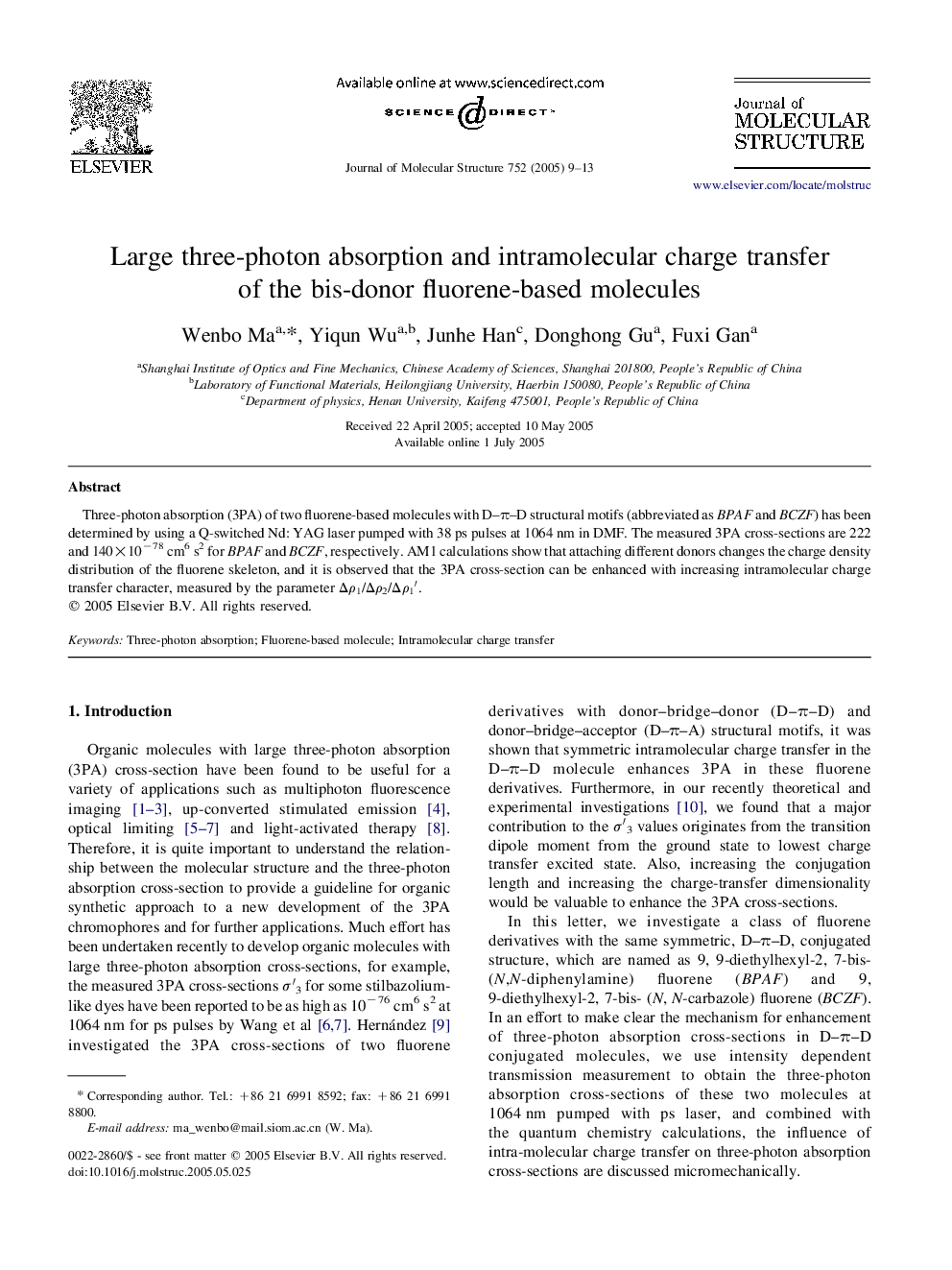 Large three-photon absorption and intramolecular charge transfer of the bis-donor fluorene-based molecules