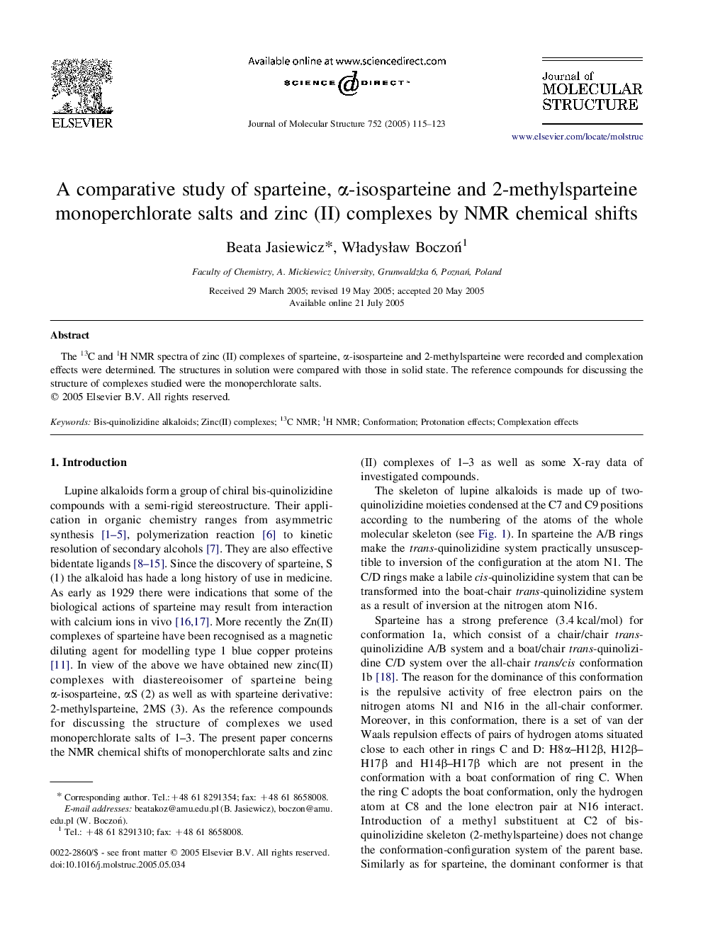 A comparative study of sparteine, Î±-isosparteine and 2-methylsparteine monoperchlorate salts and zinc (II) complexes by NMR chemical shifts