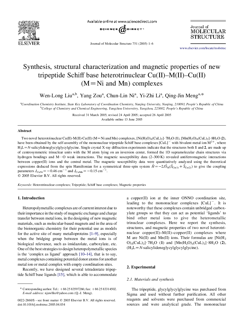 Synthesis, structural characterization and magnetic properties of new tripeptide Schiff base heterotrinuclear Cu(II)-M(II)-Cu(II) (M=Ni and Mn) complexes