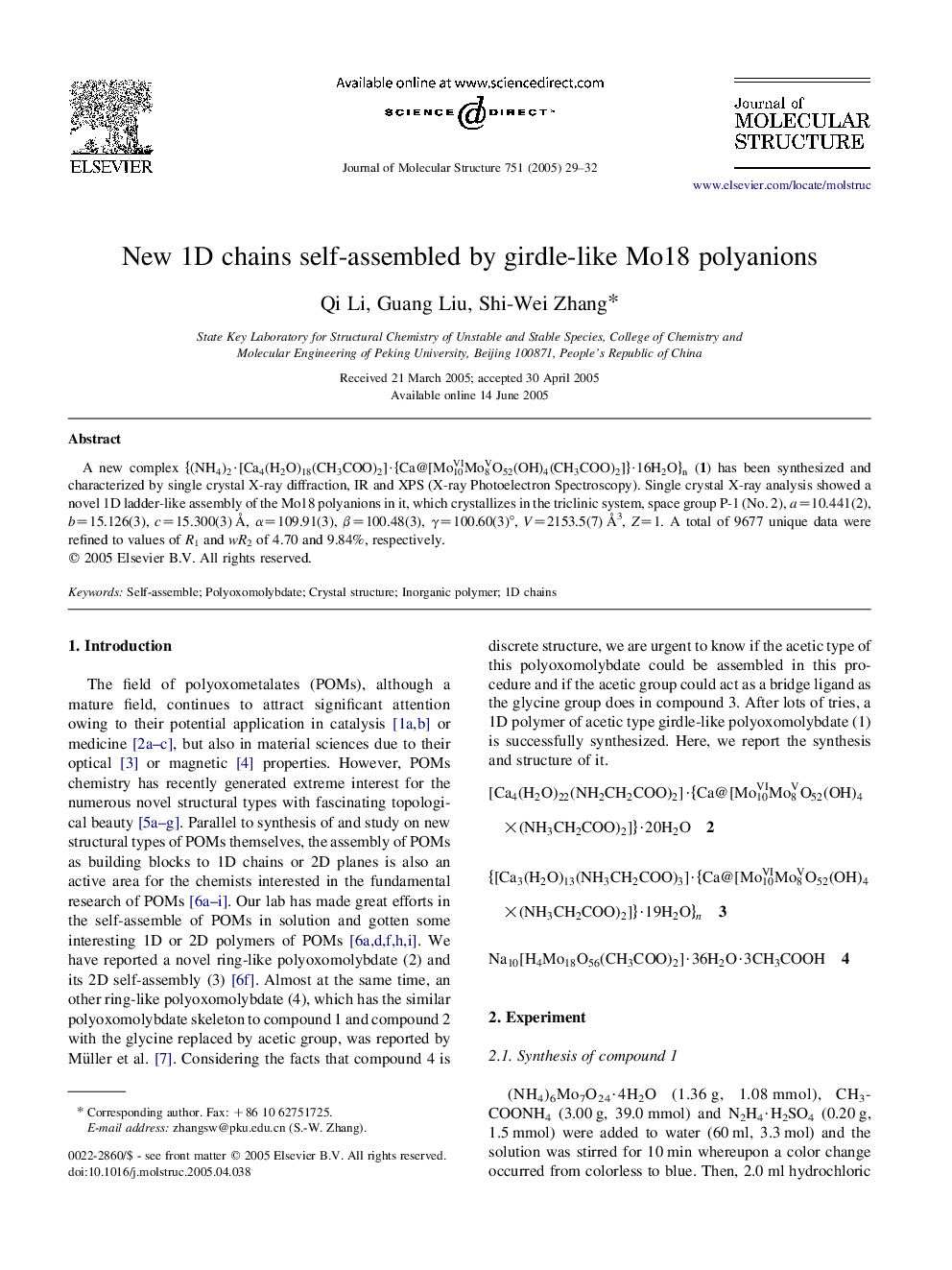 New 1D chains self-assembled by girdle-like Mo18 polyanions