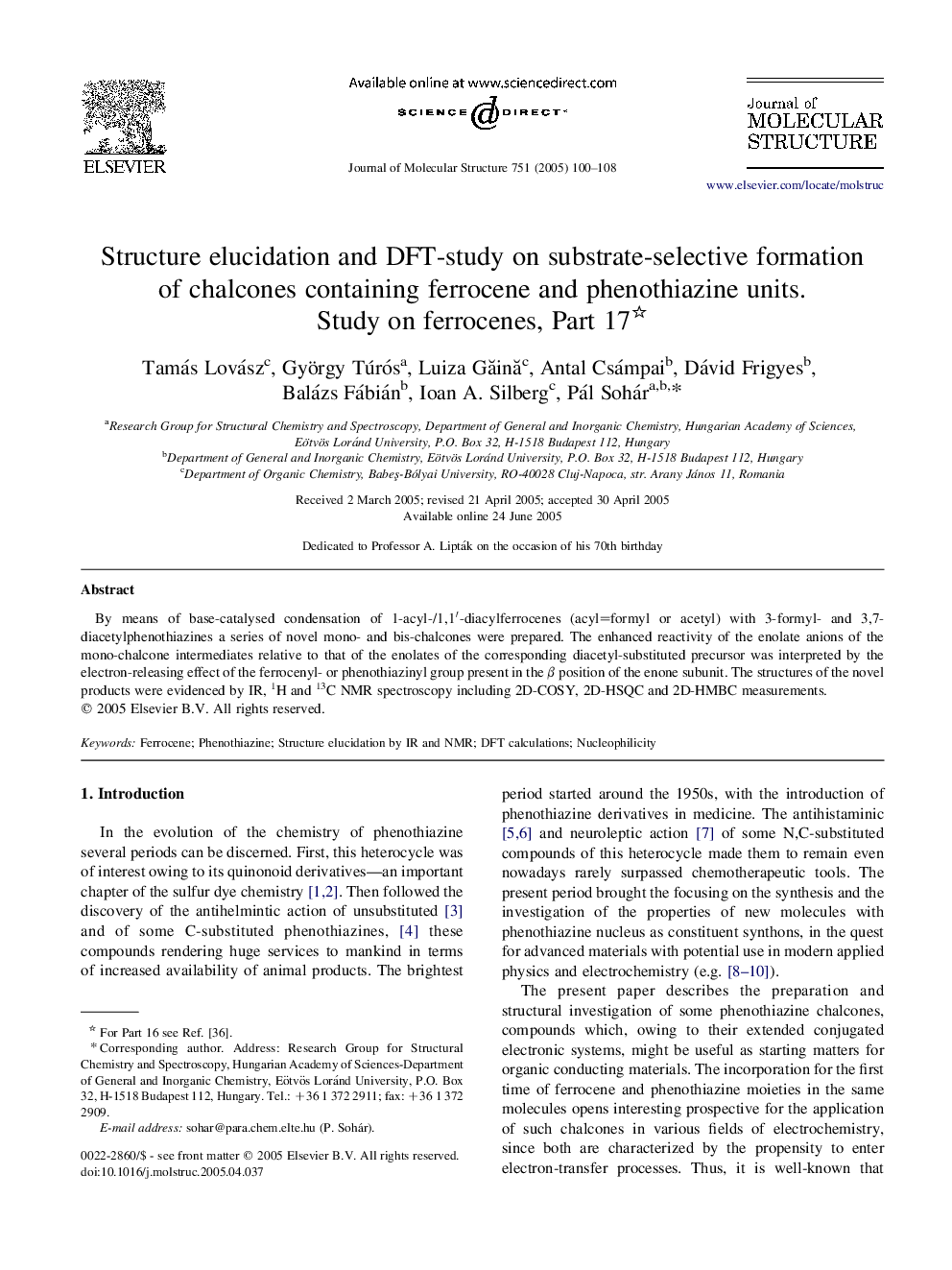 Structure elucidation and DFT-study on substrate-selective formation of chalcones containing ferrocene and phenothiazine units. Study on ferrocenes, Part 17