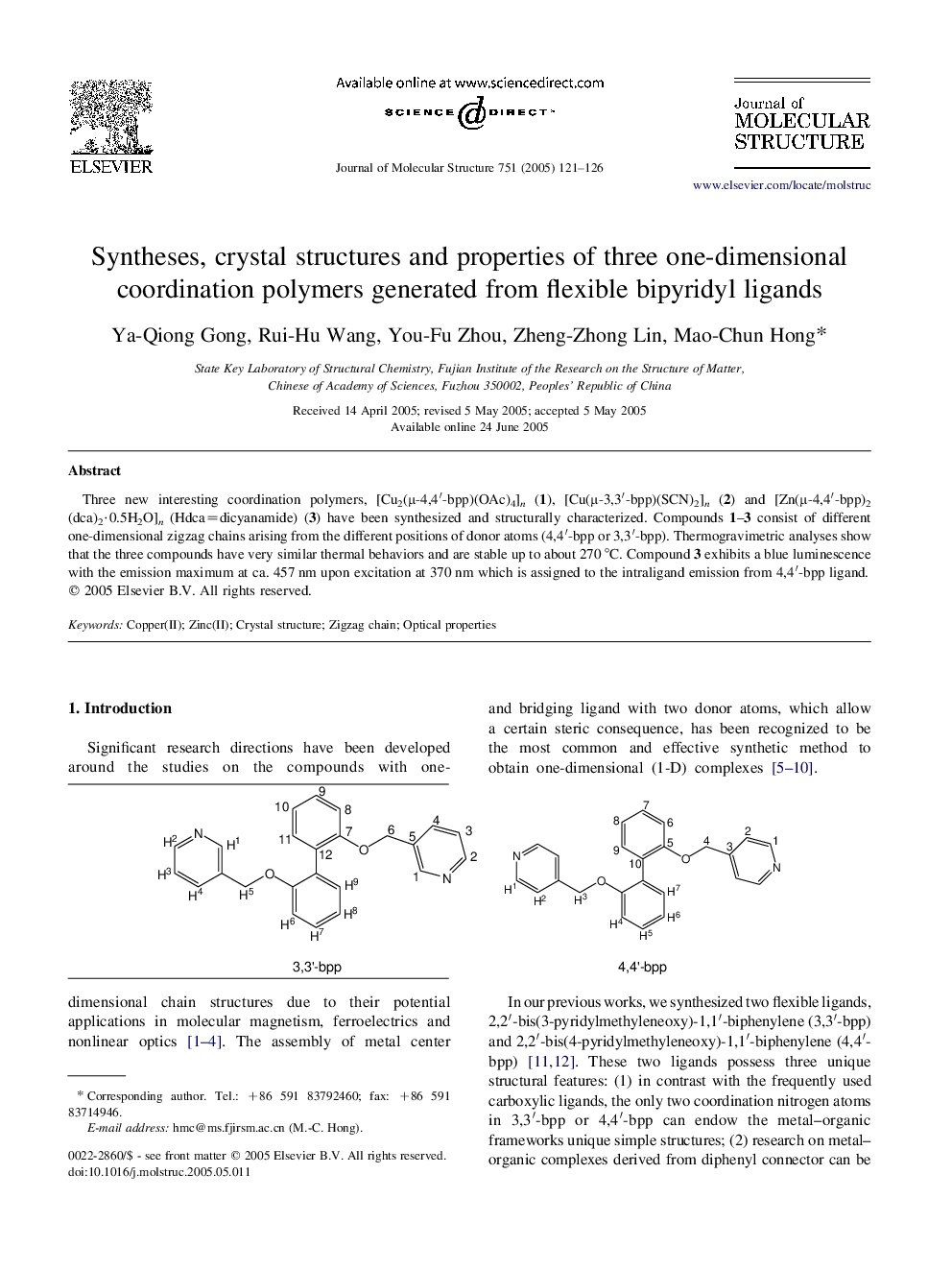 Syntheses, crystal structures and properties of three one-dimensional coordination polymers generated from flexible bipyridyl ligands