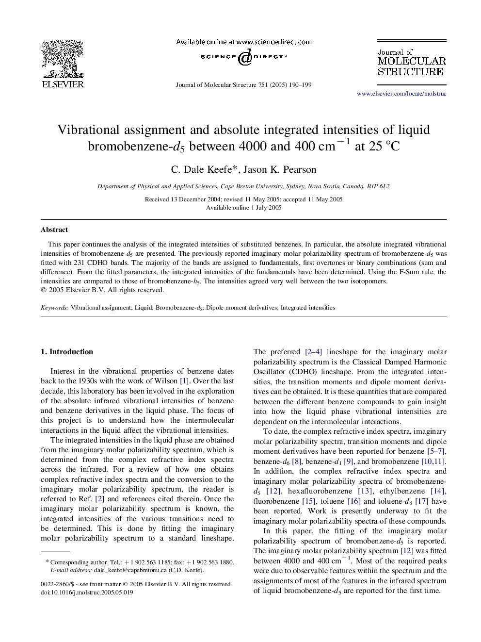 Vibrational assignment and absolute integrated intensities of liquid bromobenzene-d5 between 4000 and 400Â cmâ1 at 25Â Â°C