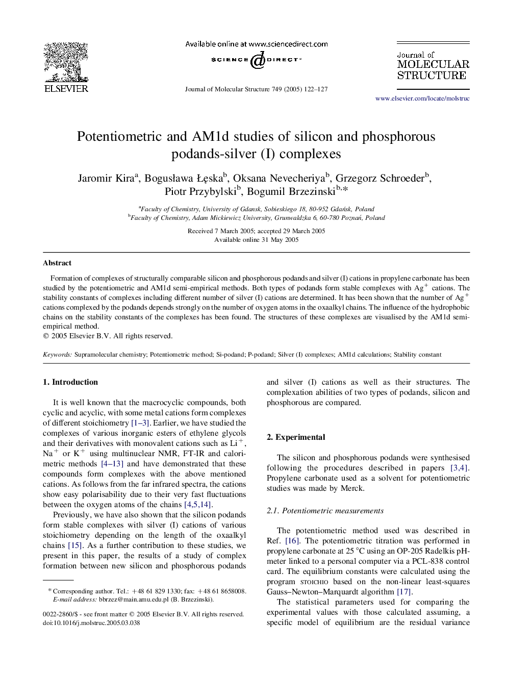 Potentiometric and AM1d studies of silicon and phosphorous podands-silver (I) complexes