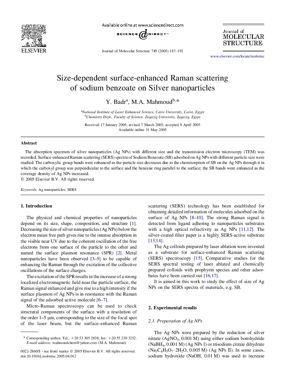 Size-dependent surface-enhanced Raman scattering of sodium benzoate on Silver nanoparticles