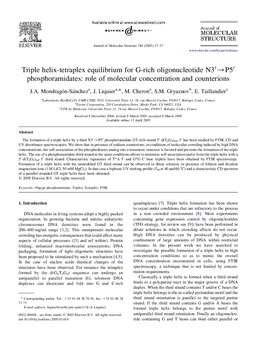 Triple helix-tetraplex equilibrium for G-rich oligonucleotide N3â²âP5â² phosphoramidates: role of molecular concentration and counterions