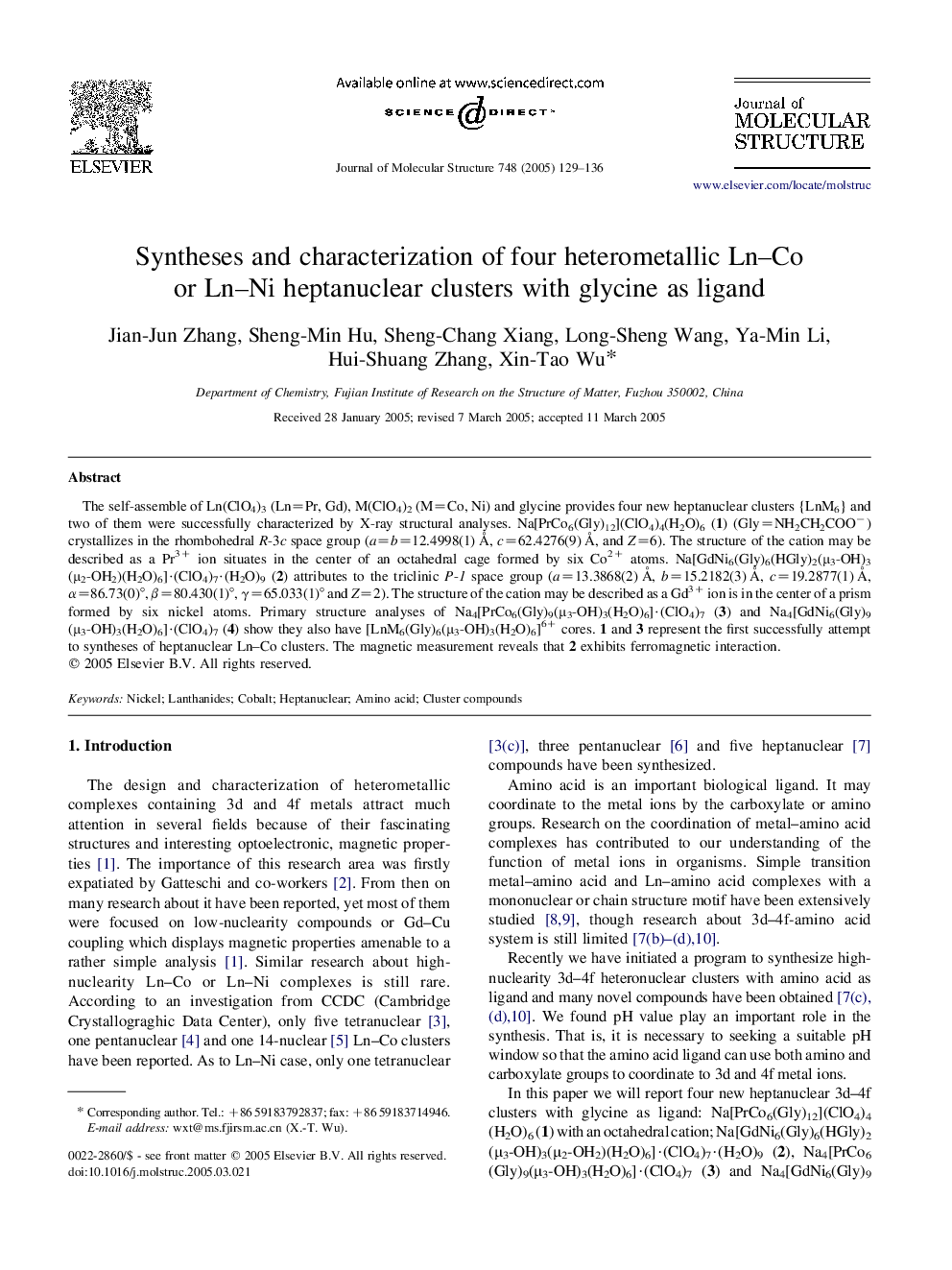 Syntheses and characterization of four heterometallic Ln-Co or Ln-Ni heptanuclear clusters with glycine as ligand