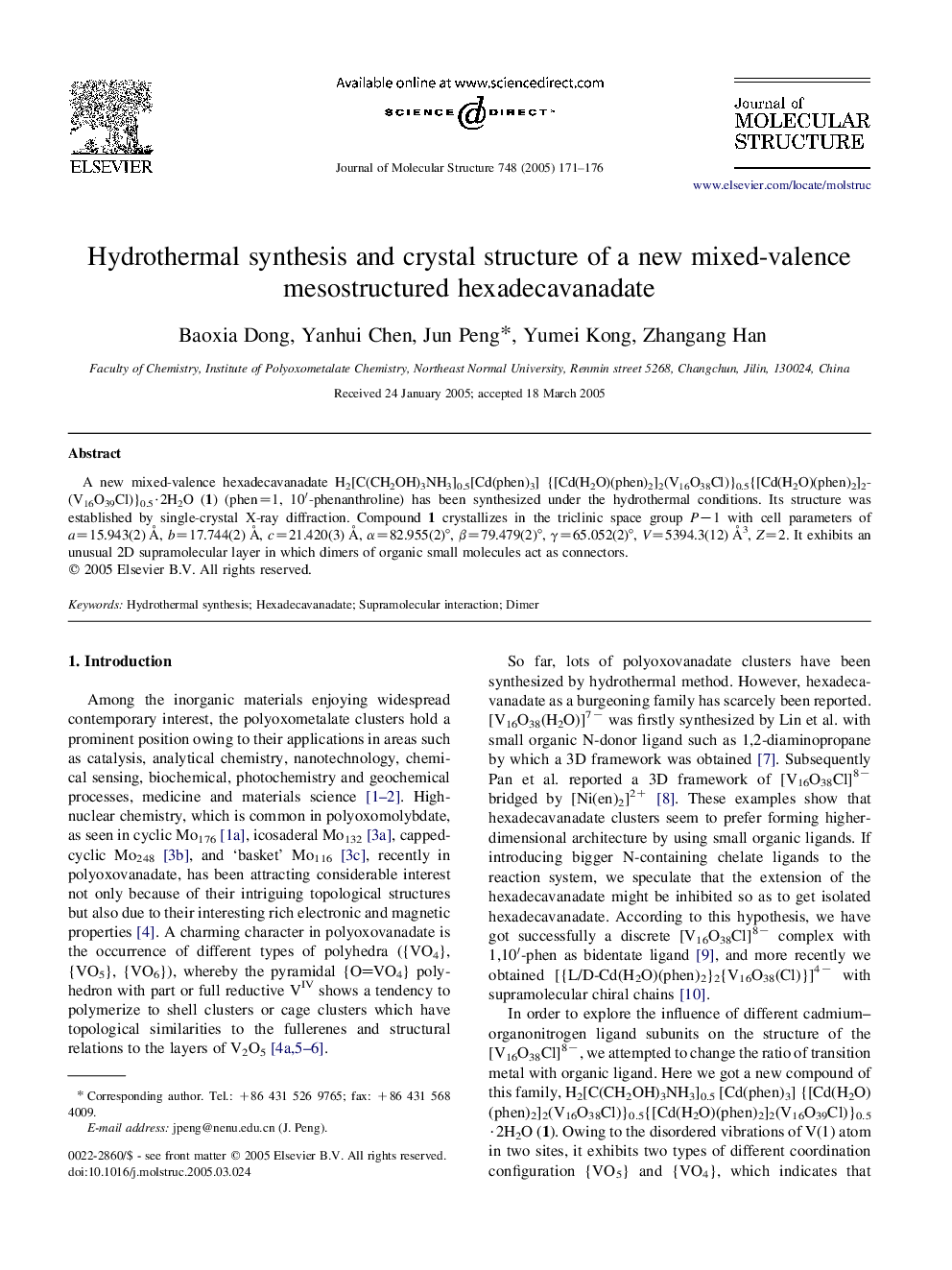 Hydrothermal synthesis and crystal structure of a new mixed-valence mesostructured hexadecavanadate