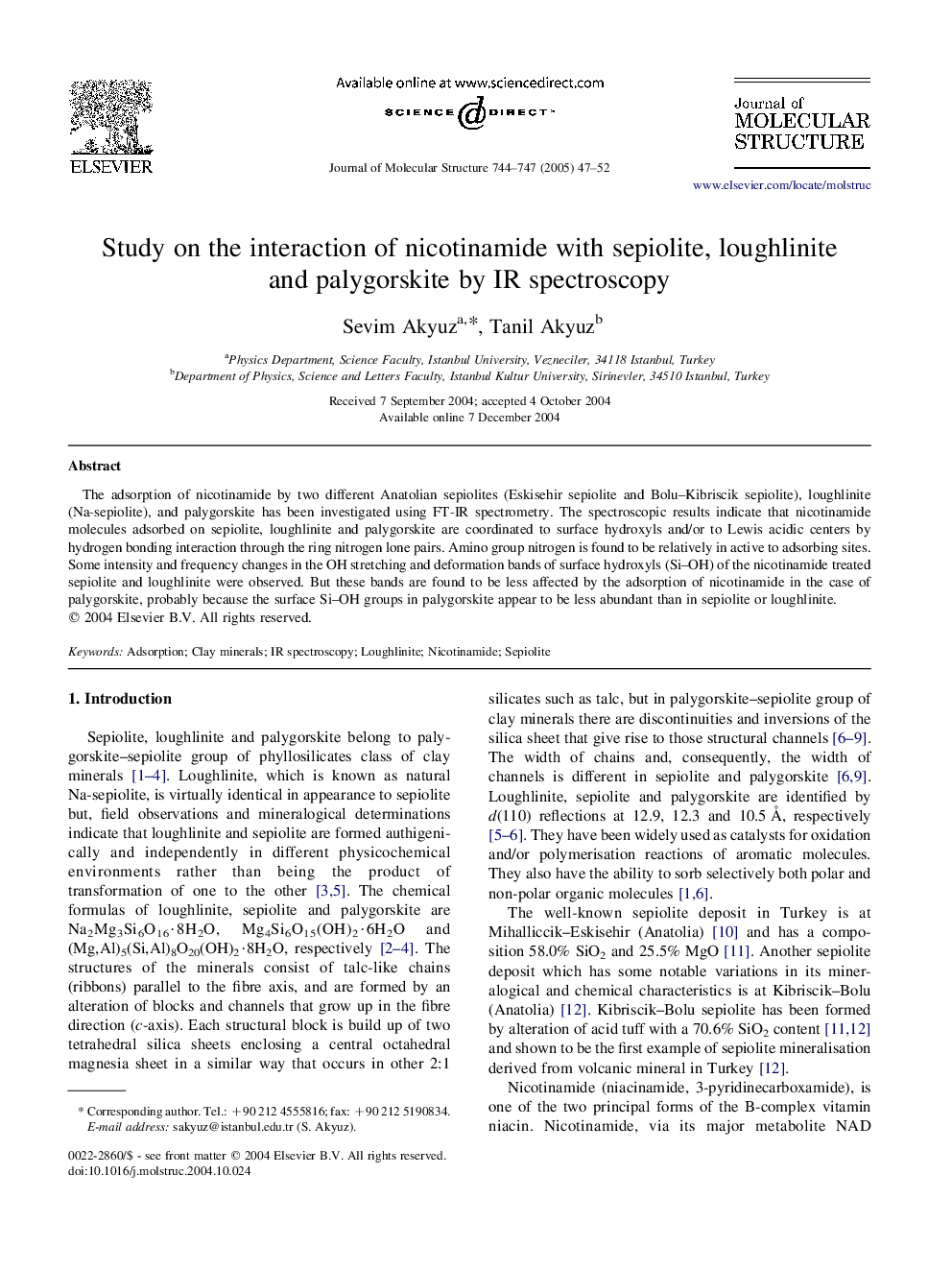 Study on the interaction of nicotinamide with sepiolite, loughlinite and palygorskite by IR spectroscopy