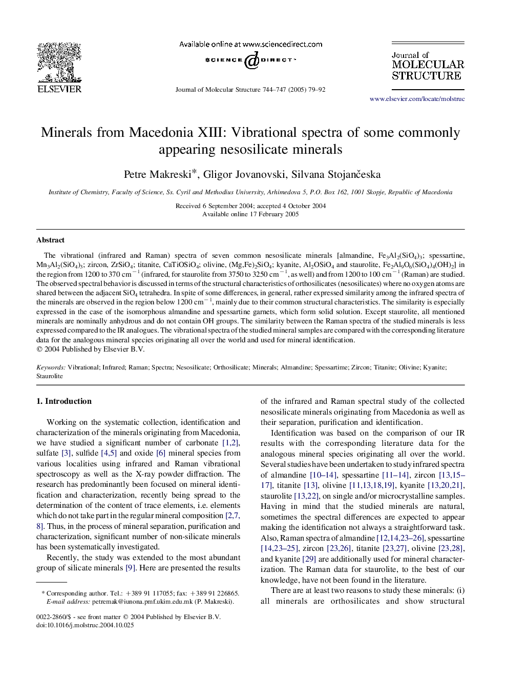 Minerals from Macedonia XIII: Vibrational spectra of some commonly appearing nesosilicate minerals