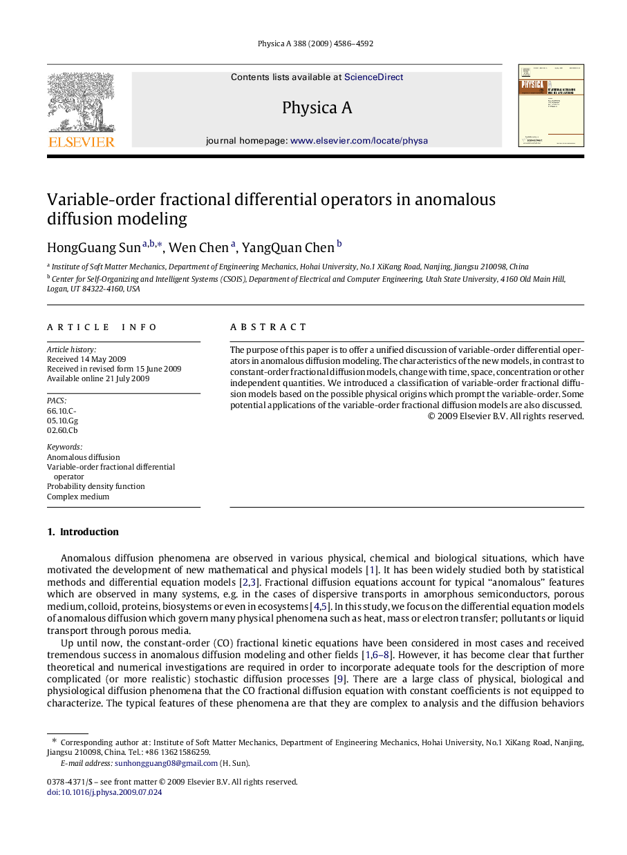 Variable-order fractional differential operators in anomalous diffusion modeling