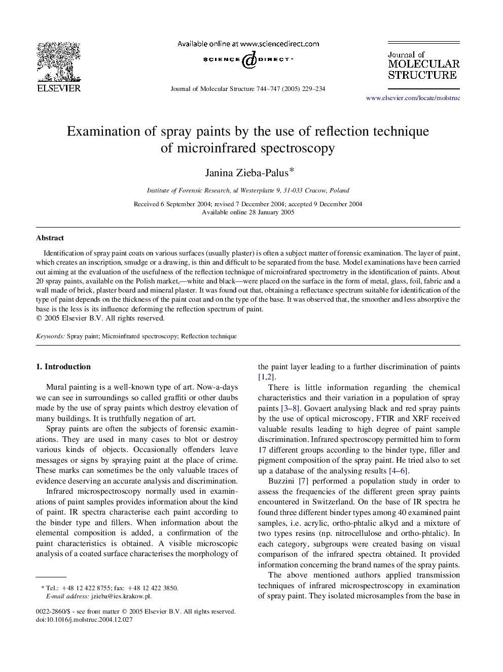 Examination of spray paints by the use of reflection technique of microinfrared spectroscopy