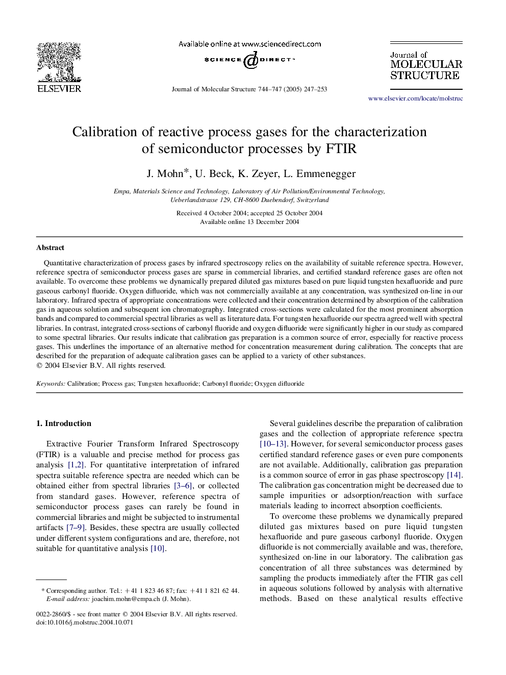 Calibration of reactive process gases for the characterization of semiconductor processes by FTIR