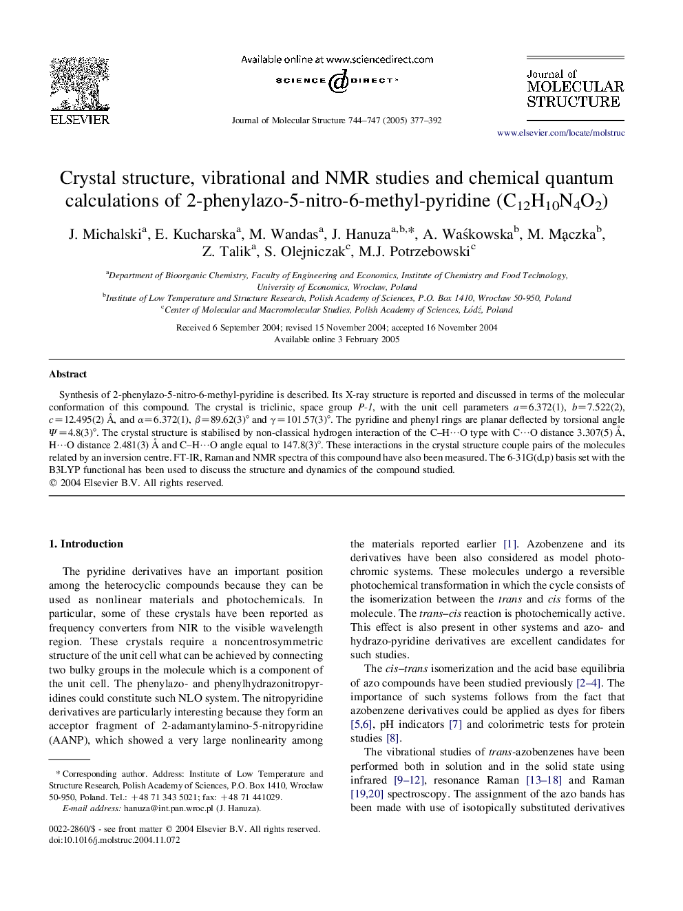 Crystal structure, vibrational and NMR studies and chemical quantum calculations of 2-phenylazo-5-nitro-6-methyl-pyridine (C12H10N4O2)