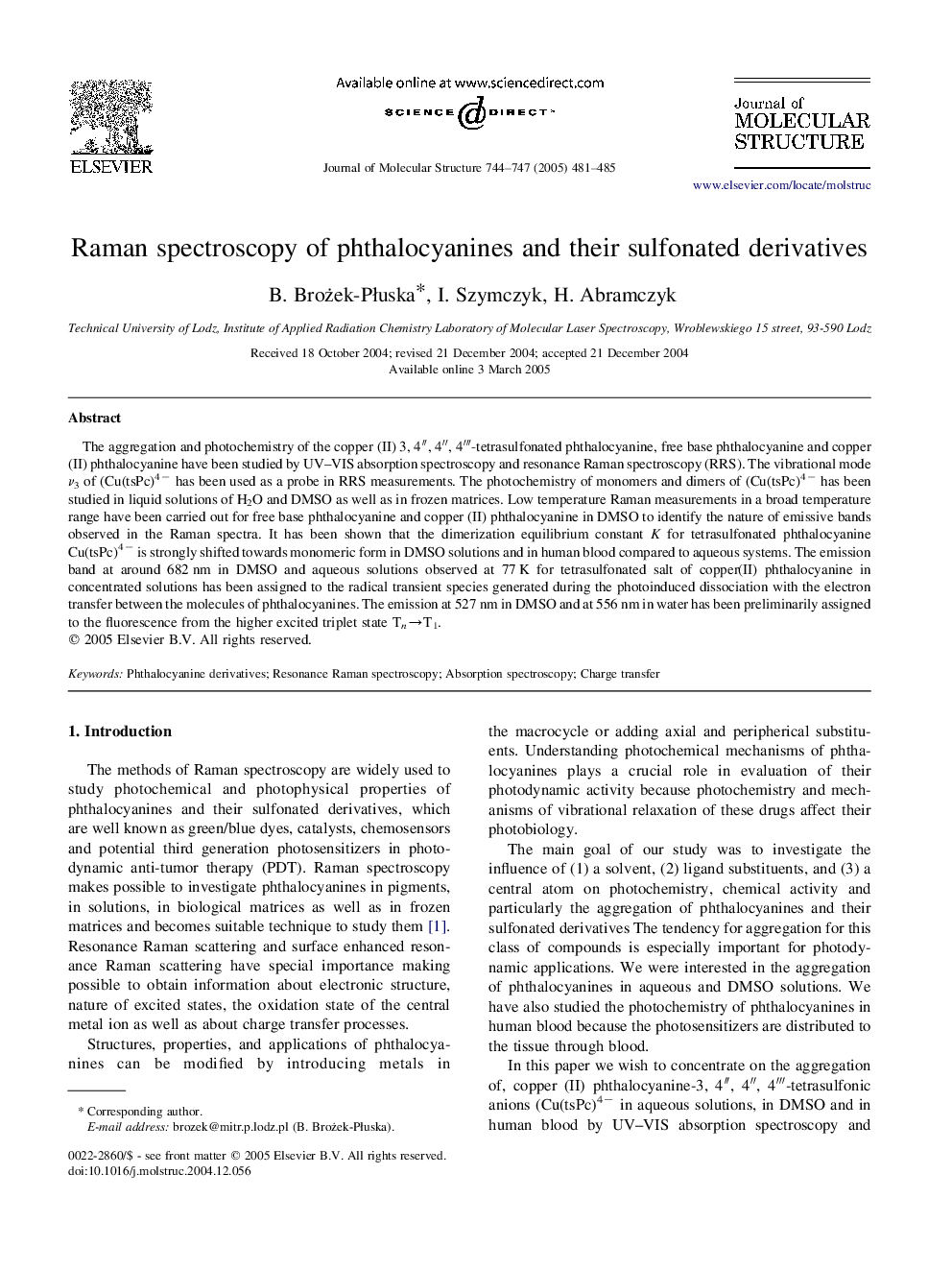 Raman spectroscopy of phthalocyanines and their sulfonated derivatives