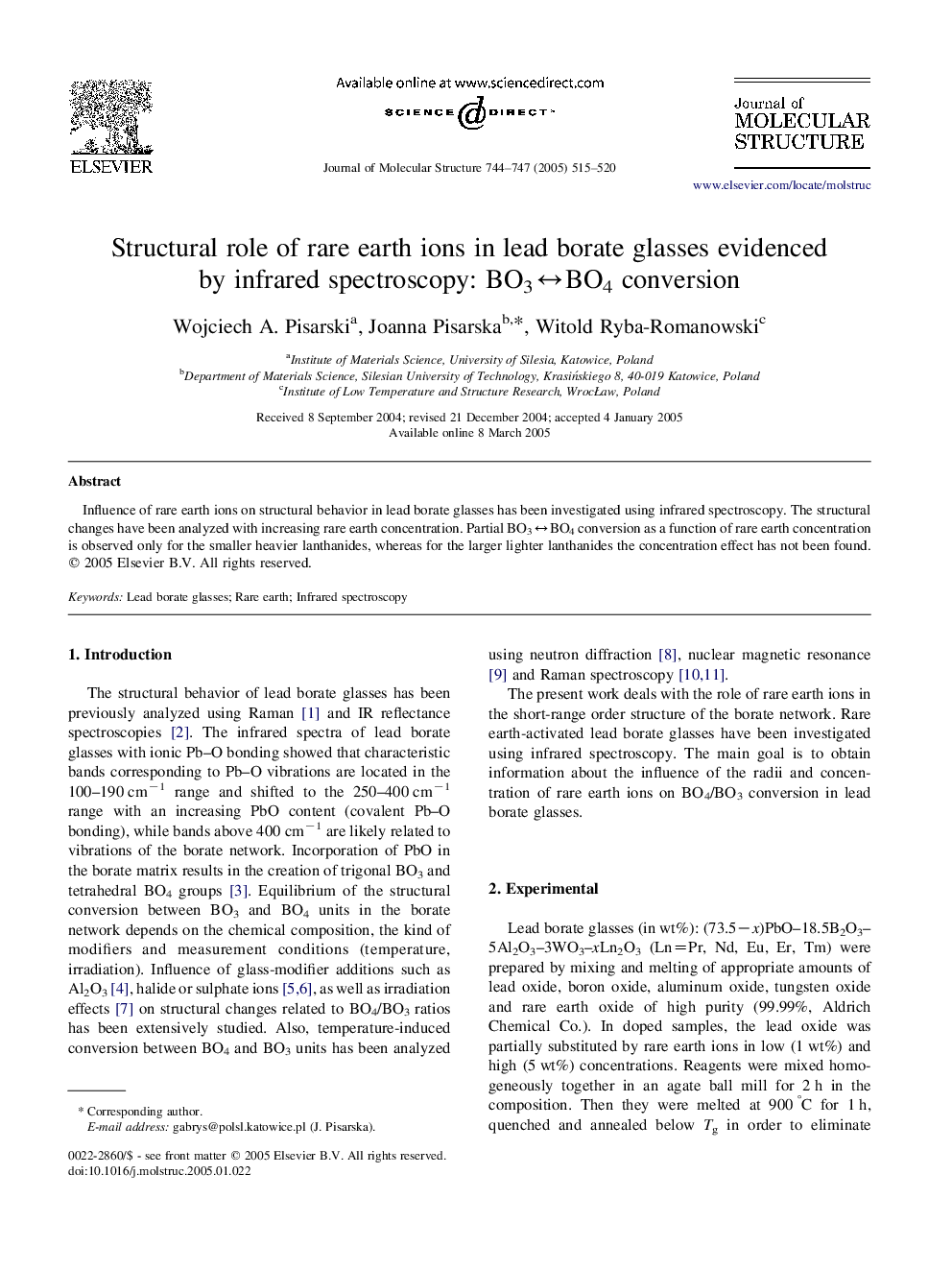 Structural role of rare earth ions in lead borate glasses evidenced by infrared spectroscopy: BO3âBO4 conversion