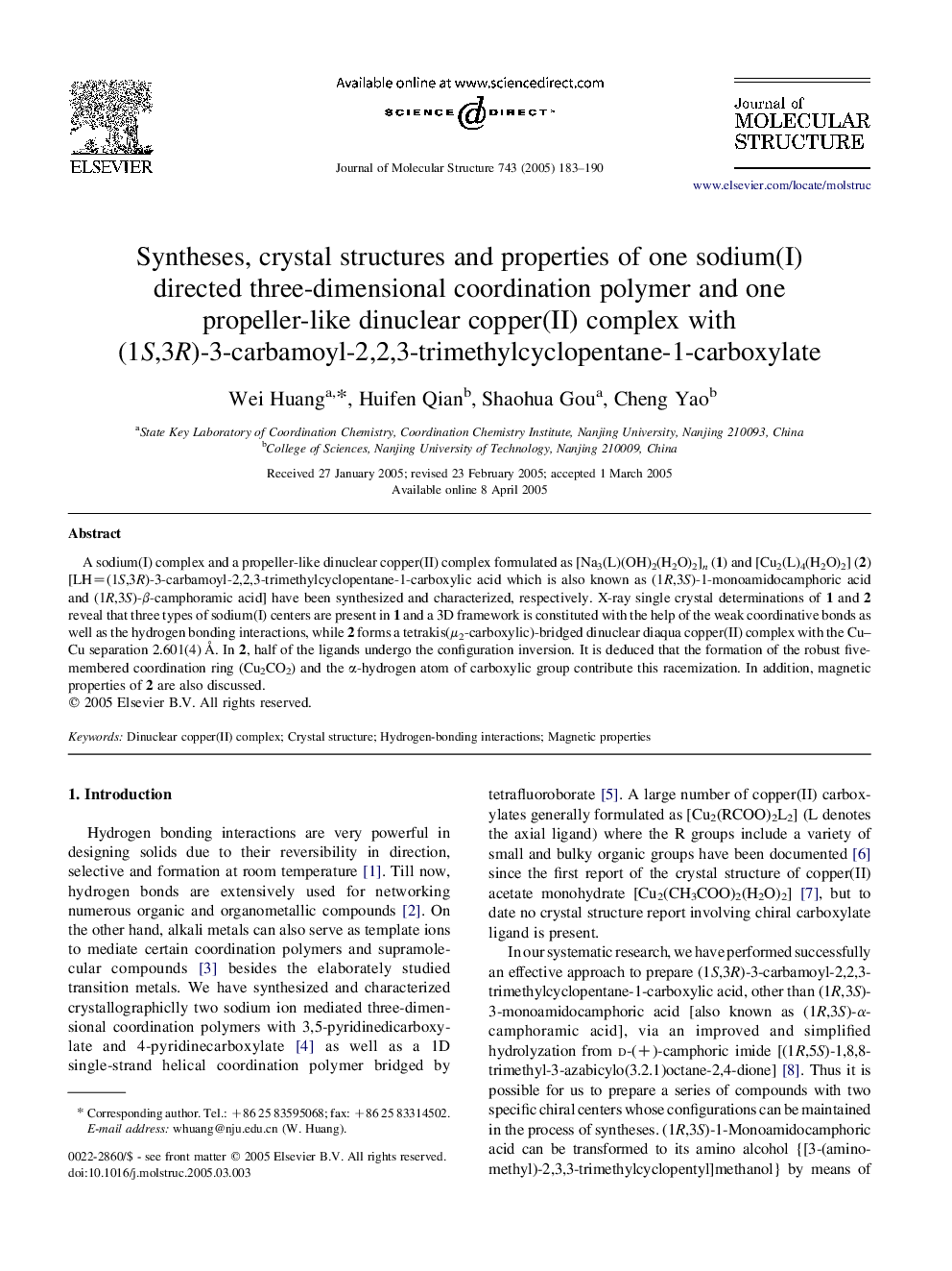 Syntheses, crystal structures and properties of one sodium(I) directed three-dimensional coordination polymer and one propeller-like dinuclear copper(II) complex with (1S,3R)-3-carbamoyl-2,2,3-trimethylcyclopentane-1-carboxylate