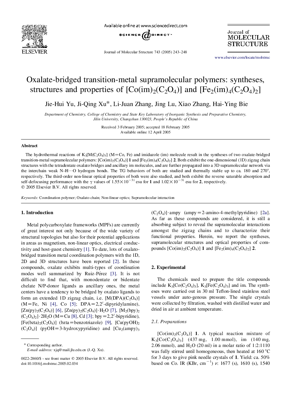 Oxalate-bridged transition-metal supramolecular polymers: syntheses, structures and properties of [Co(im)2(C2O4)] and [Fe2(im)4(C2O4)2]