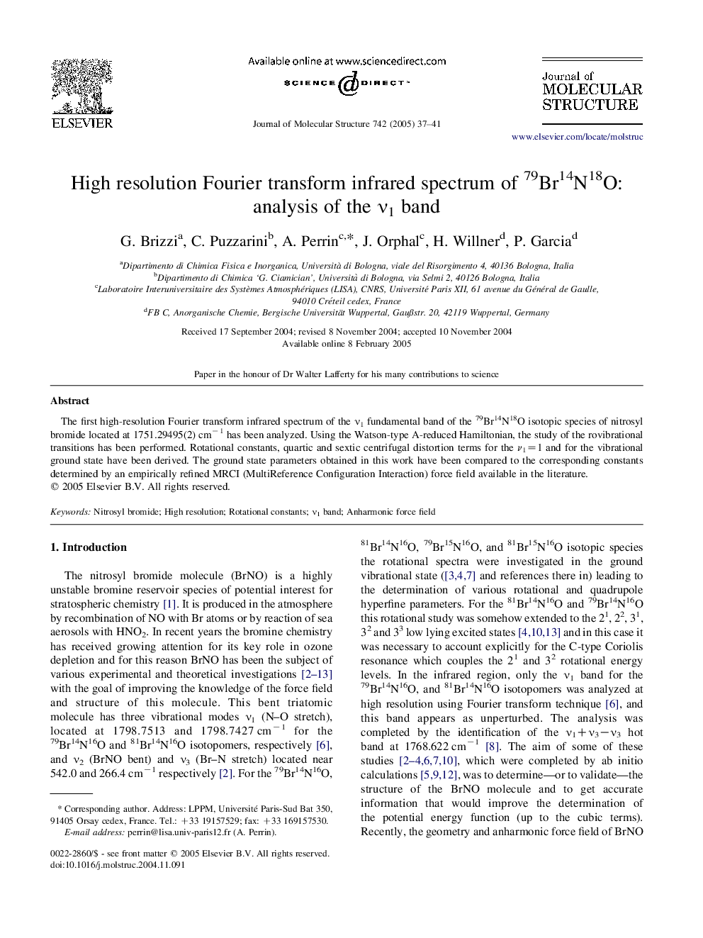 High resolution Fourier transform infrared spectrum of 79Br14N18O: analysis of the Î½1 band