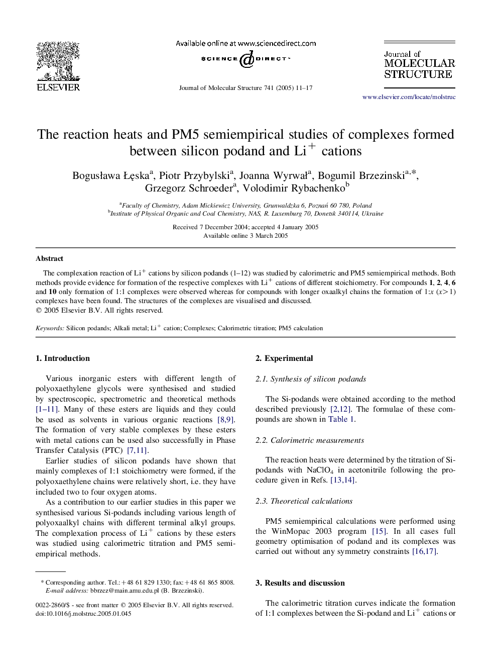 The reaction heats and PM5 semiempirical studies of complexes formed between silicon podand and Li+ cations