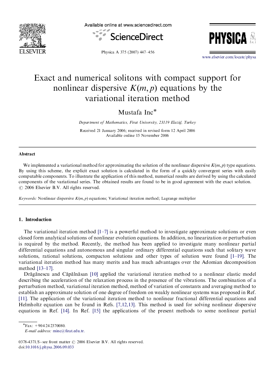 Exact and numerical solitons with compact support for nonlinear dispersive K(m,p) equations by the variational iteration method