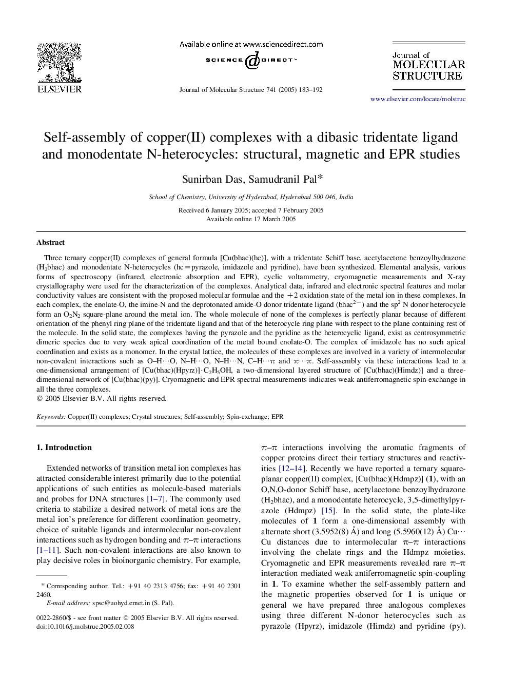 Self-assembly of copper(II) complexes with a dibasic tridentate ligand and monodentate N-heterocycles: structural, magnetic and EPR studies