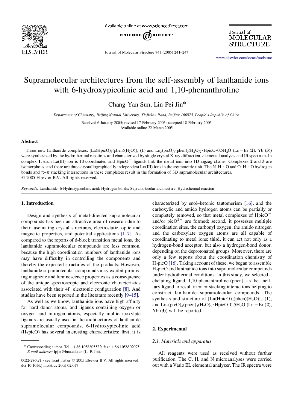 Supramolecular architectures from the self-assembly of lanthanide ions with 6-hydroxypicolinic acid and 1,10-phenanthroline